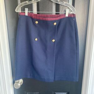 Talbots Navy and Maroon Faux Wrap Gold Button Detail Skirt- Size 8